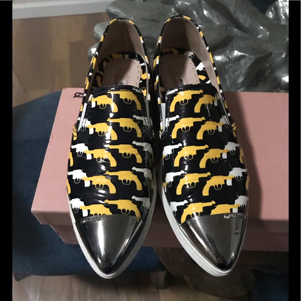 Miu Miu; Glossy gun print patent leather slip on